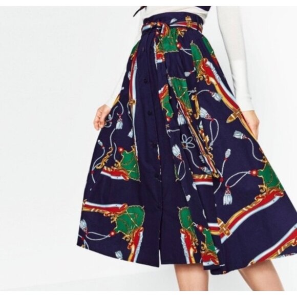 Zara Nautical Cotton A Line Midi Skirt Navy Blue Scarf Chain Print Airy Sz L - Picture 1 of 9